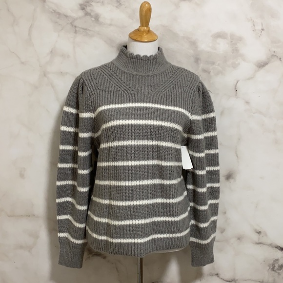 Femme By Design Scallop Mock Neck Striped Grey and White Sweater - Picture 5 of 11